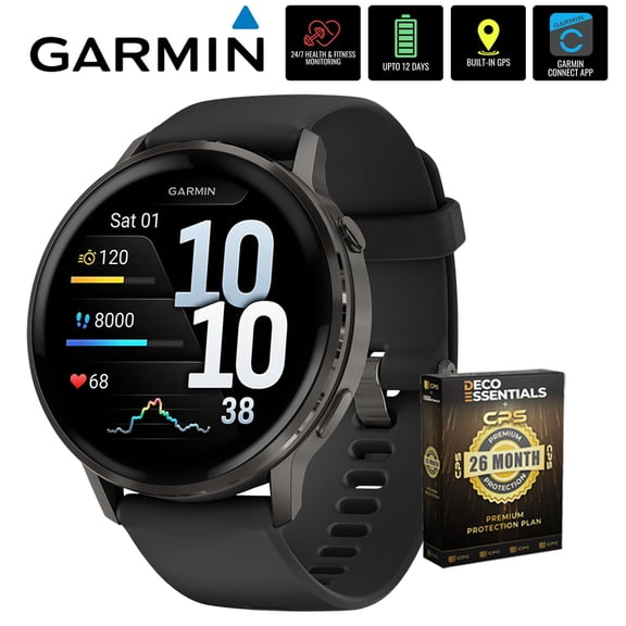 Garmin 010-03014-00 Venu 4, 45 mm Health & Fitness GPS Smartwatch, Slate with Black Silicone Band Bundle with Deco Essentials Exclusive 26 Month CPS Enhanced Protection Pack