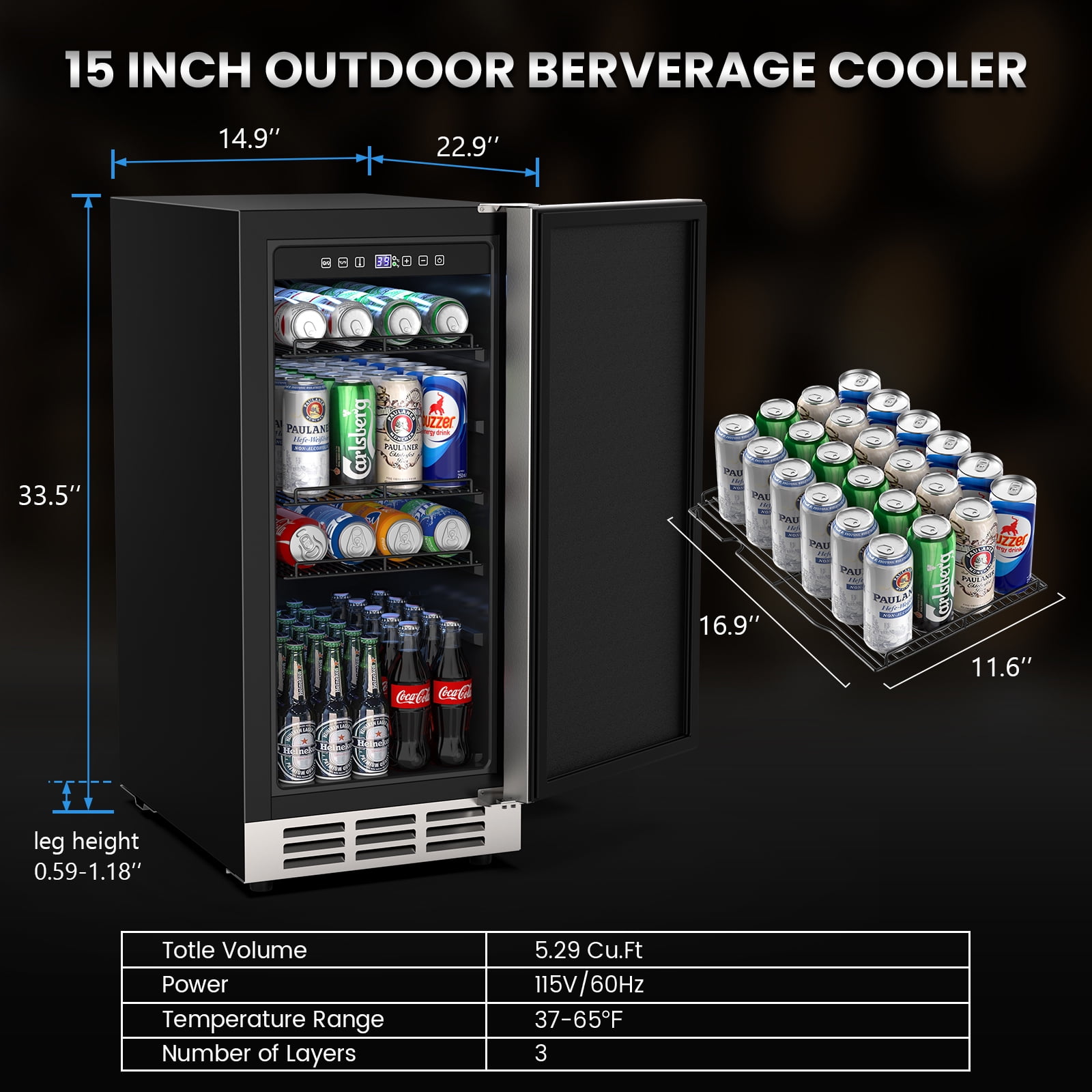 Joreek 15 Inch Outdoor Beverage Fridge Weather Proof Stainless Steel Beverage Cooler Under Counter Beer Fridge Indoor/Outdoor Beverage Refrigerator for 80 Cans