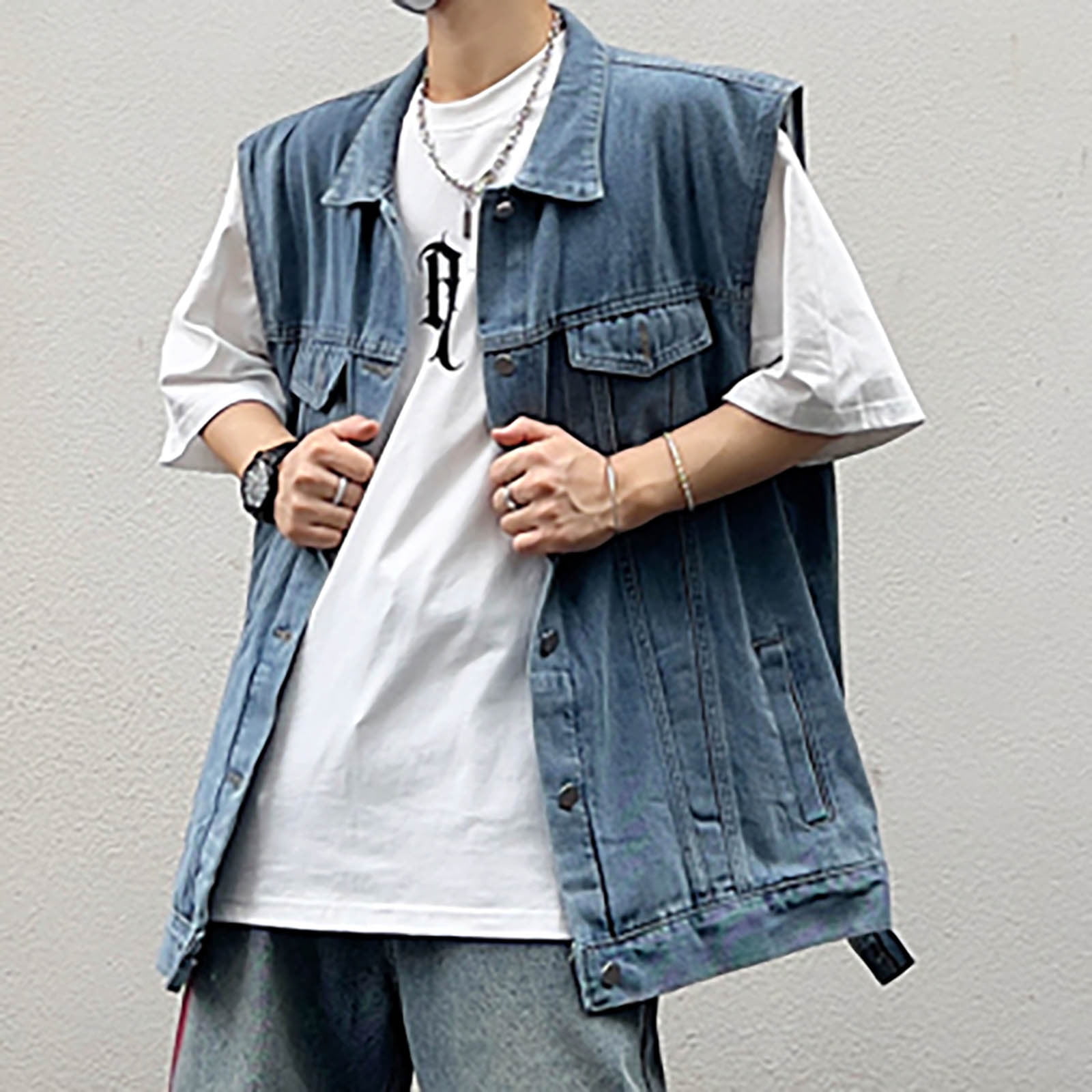 Olyvenn Men's Denim Vest Sleeveless Trucker Jean Jacket Biker