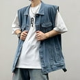 thumbnail image 2 of Rohuuque Men's Denim Vest Solid Motorcycle Collar Jean Vest Button Down Ripped Stretchy Distressed Battle Vest with Pocket Light Blue, 2 of 8
