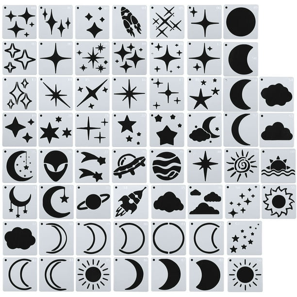 Plantillas de pintura de estrellas, luna y nubes de 3x3 pulgadas, paquete de 60 plantillas reutilizables, blanco