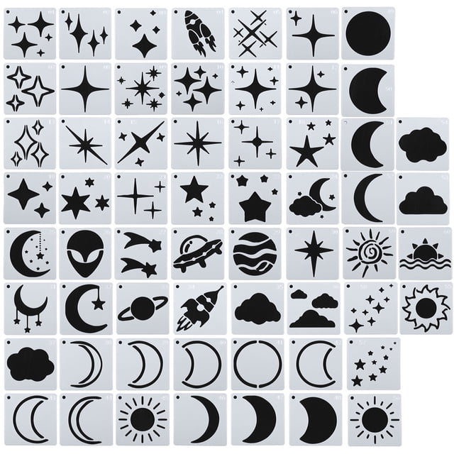 Plantillas de pintura de estrellas, luna y nubes de 3x3 pulgadas, paquete de 60 plantillas reutilizables, blanco