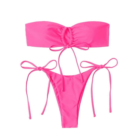 YWDJ Clearance Plus Size Bathing Suit for Women 2 Piece Bikini Strapless Tube Top Bandeau with Chest Pad without Underwire High Waisted Bikini Womens Swimsuits 40-Pink M