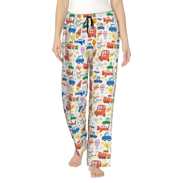 Fotbe Cartoon Transportation Pantalones de Pijama para Mujer, Pantalones de Dormir, Pantalones Pj con Cordón y Bolsillos-Small