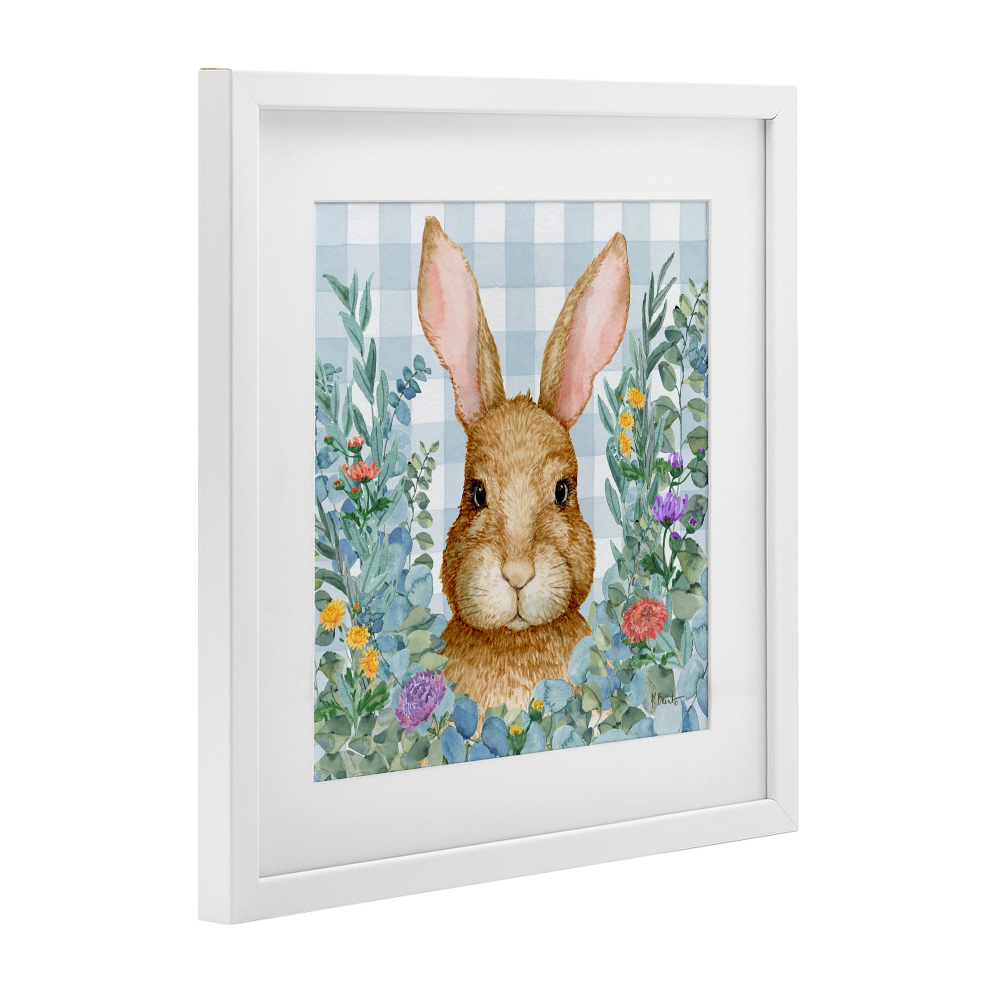 Stupell Industries Rabbit Laurel on Gingham White Framed Print Under Glass, design by Paul Brent