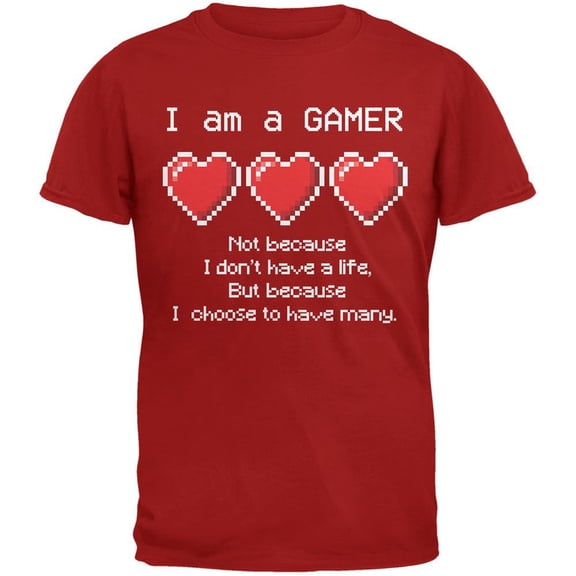 Eight Bit Three Lives Gamer Cardinal Red Adult T-Shirt