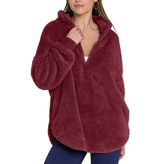 KDDYLITQ Women's Pullover Sherpa No Hooded Plus Size Sweaters Plain Long Sleeve Fashion Sweatshirts Fleece Lined Collar Trendy Coat Warm Dressy Hoodie with Pocket Deep Red S