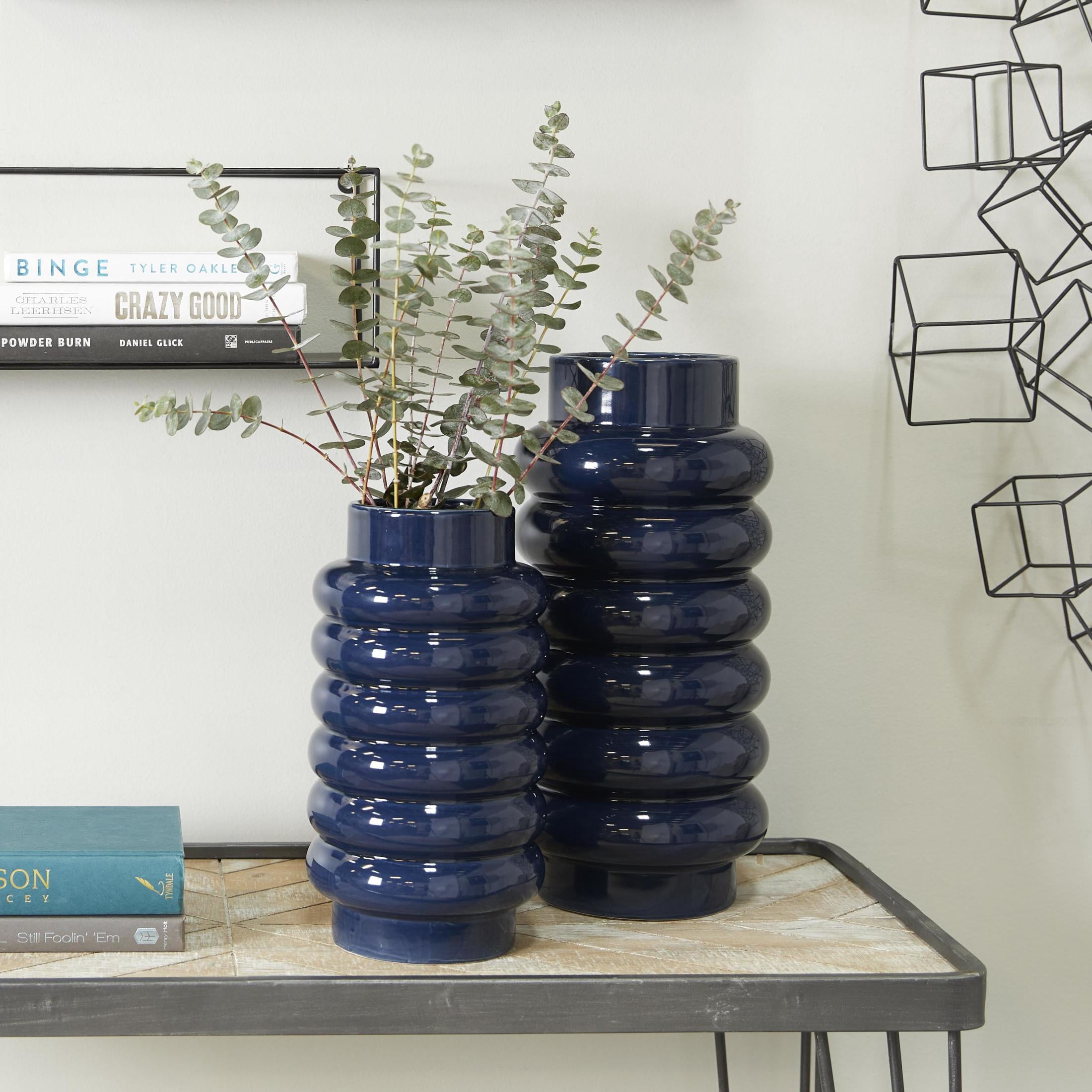 CosmoLiving by Cosmopolitan 16", 12"H Dark Blue Ceramic Vase with Stacked Ring Design, Set of 2