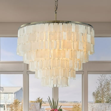 6-Light 26 in Coastal Capiz Seashells Chandeliers in Antique Bronze Farmhouse Natural Tiered Chandelier for Dining Room