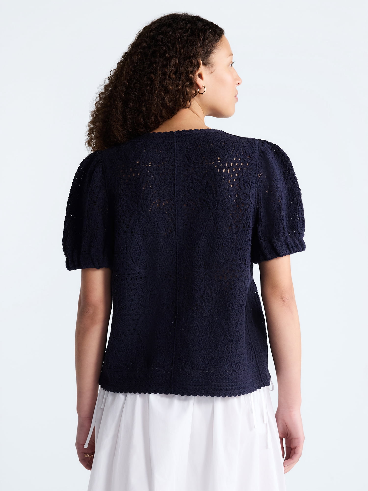 Free Assembly Women's and Women's Plus Pineapple Cardigan Sweater with Short Puff Sleeves, Lightweight, Sizes XS-4X