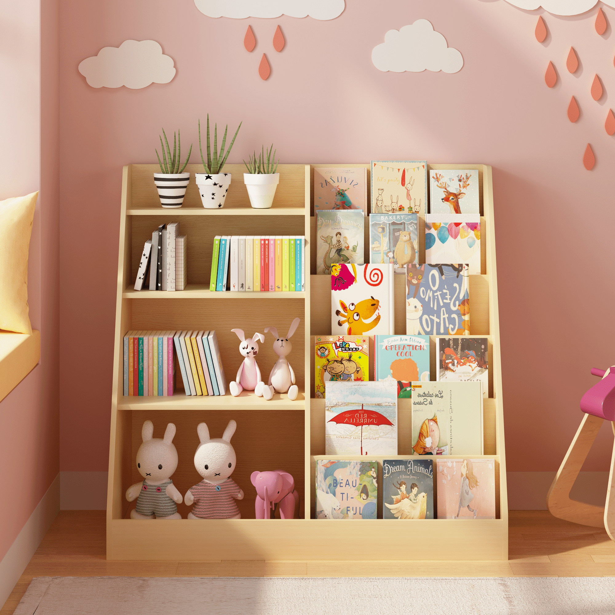 4 Tier Wooden Kids Bookshelf, MDF Multifunctional Bookcase Toy Storage Organizer with Anti-Tip Device, Display Stand for Toddlers, Ideal for Kids Room Playroom Nursery Living Room