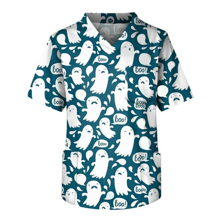 

Umitay Plus Size Scrubs Men s Short Sleeve V Neck Halloween Print Chest Pocket Carer Top