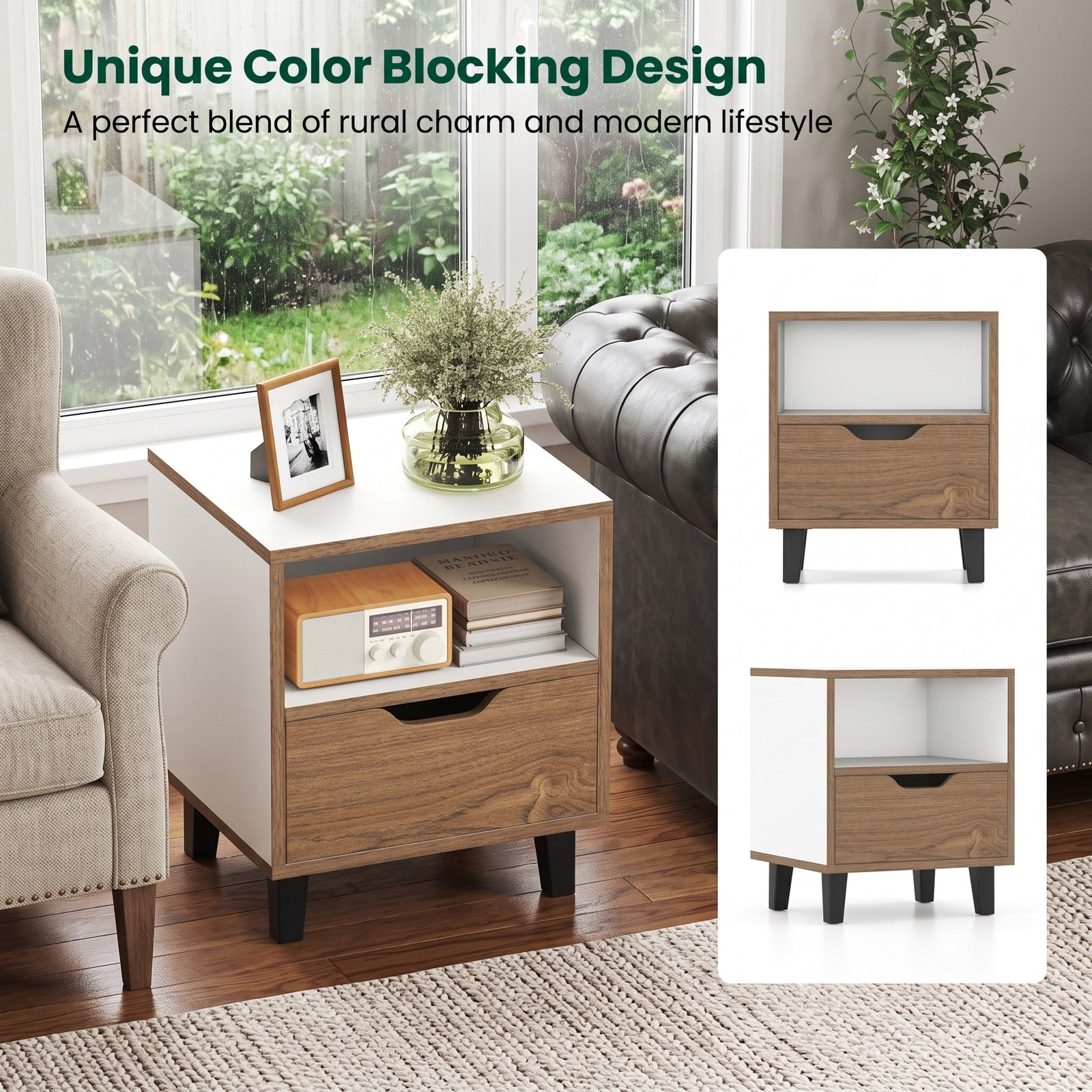 Furnibear Nightstand Set of 2 with Drawer and Open Storage Shelf for Bedroom Living Room and Small Spaces, White and Natural