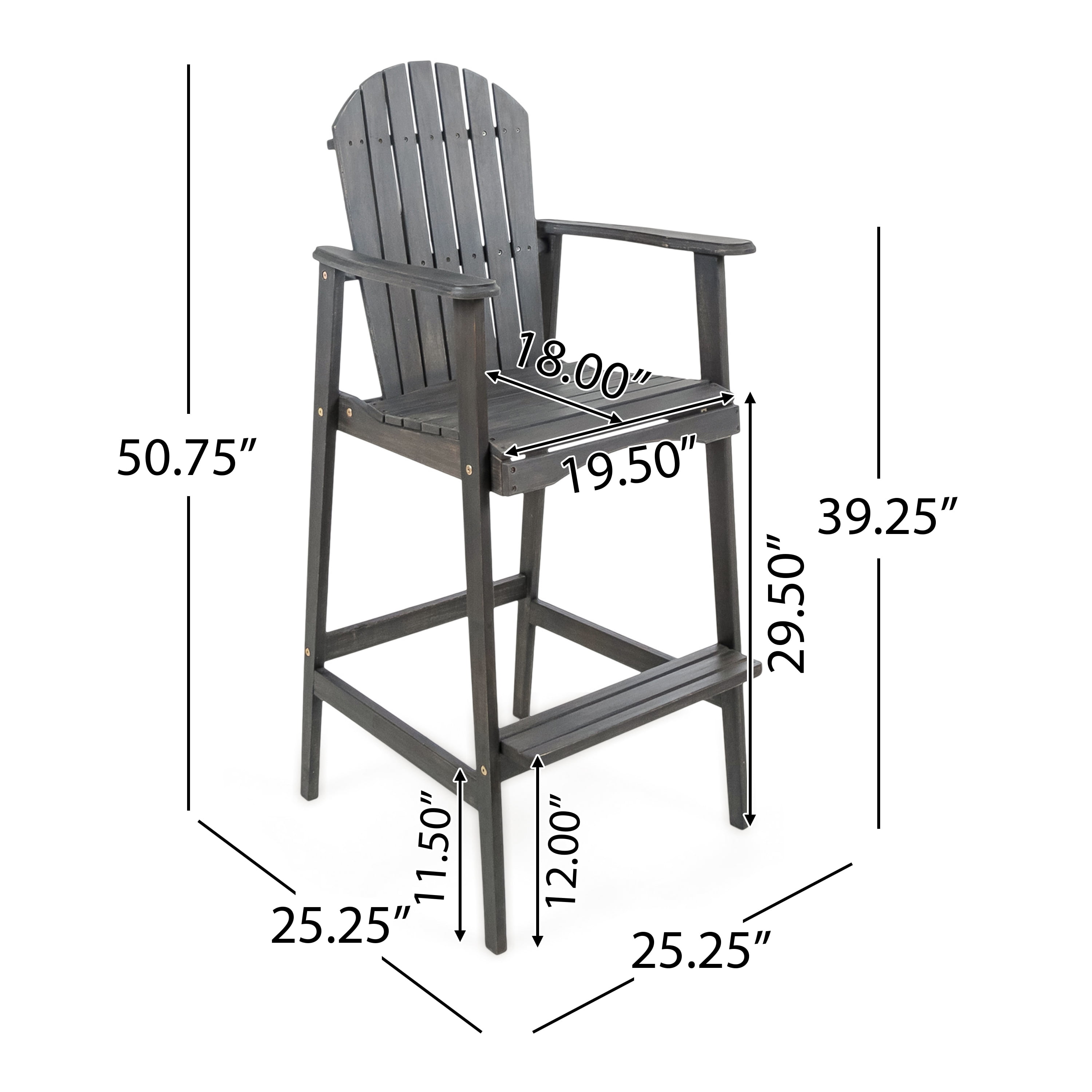 Outdoor Adirondack Bar Stool Set of 2, Solid Wood Height Seats for Patio Bar, Dark Gray
