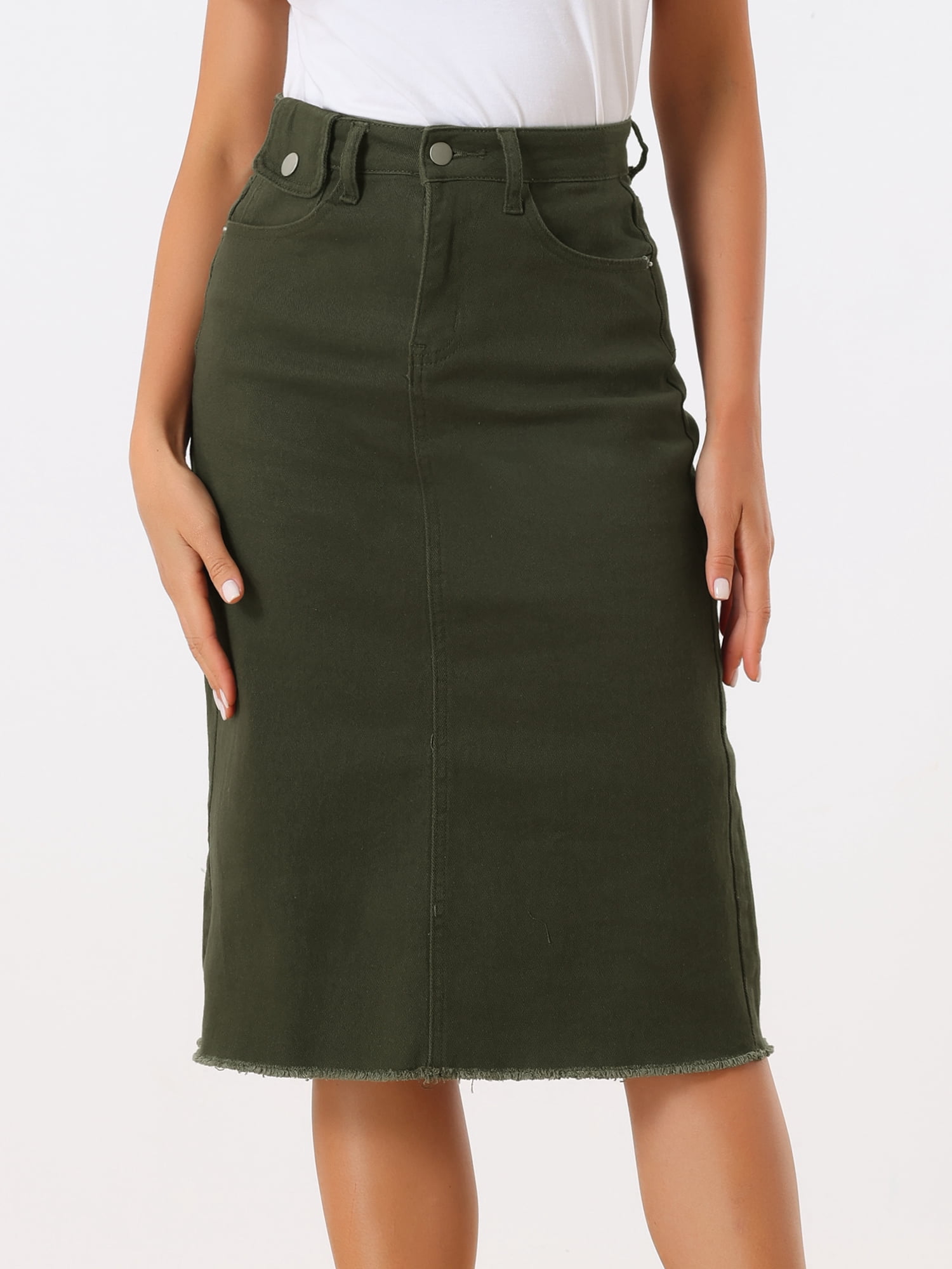 DARING DIVA Women's Jean Back Vent Midi Length Denim Skirts L Army Green