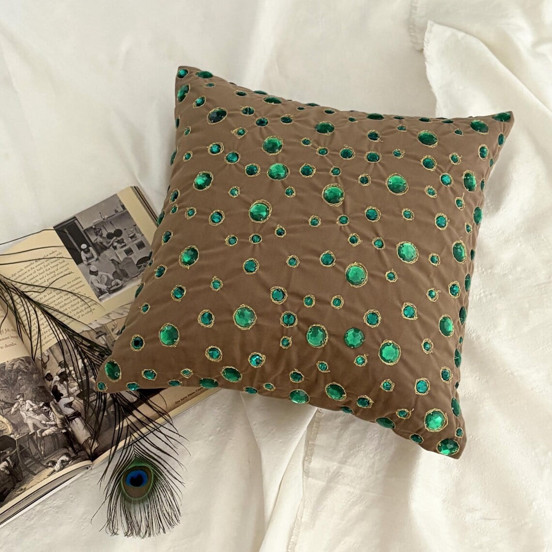 The HomeCentric Pillow Covers, Beige Accent Cover, Pack of 2, 16x16 inch (40x40 cm) Faux Leather & Suede PillowCase, Pillow Cover with Crystals, Abstract & Peacock, Circles & Dots - Green Gems
