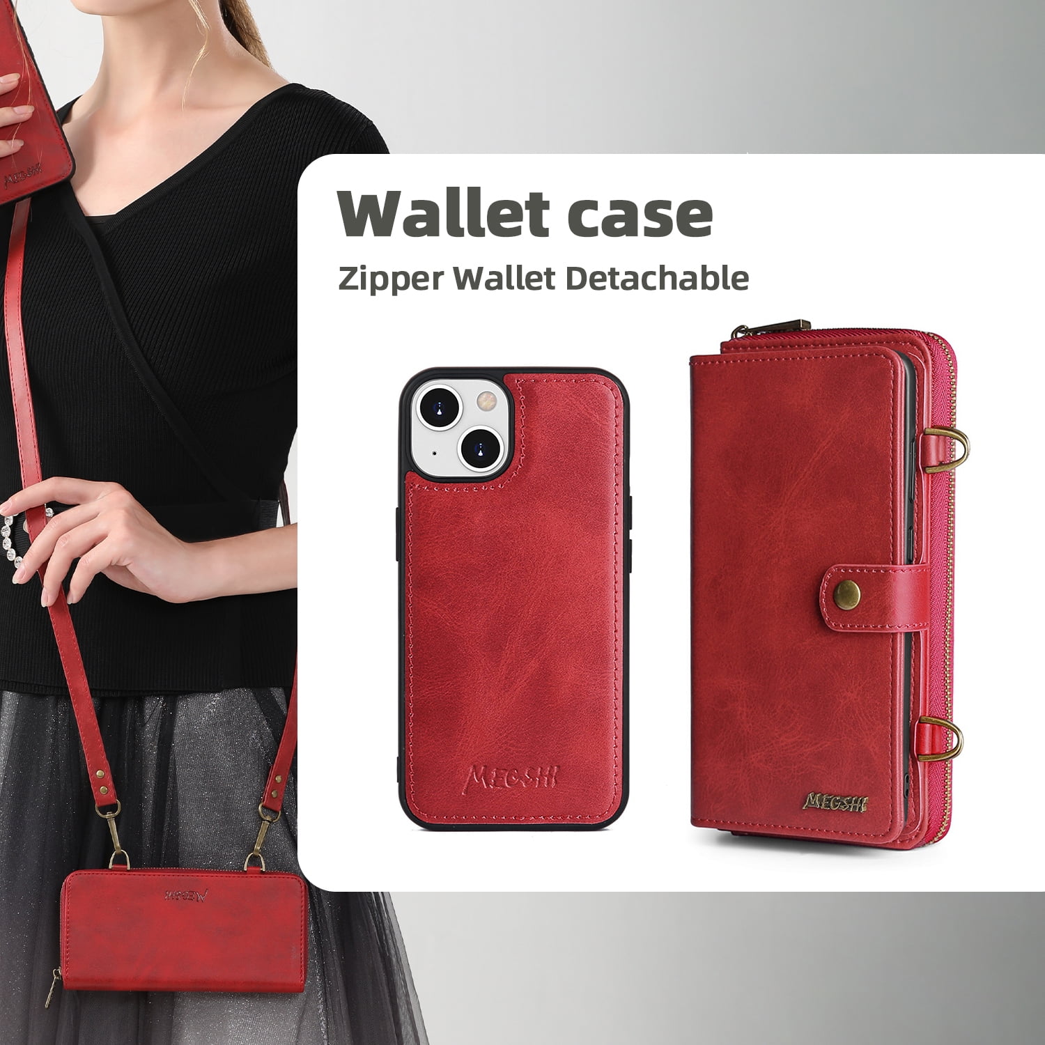 ELEHOLD Flip Wallet Case for iPhone 14 PU Leather Purse Case with Large Capacity 13 Card Slots Zipper Pocket Kickstand Magnetic Detachable Case Cross Body Shoulder Strap Shockproof Protective,Red