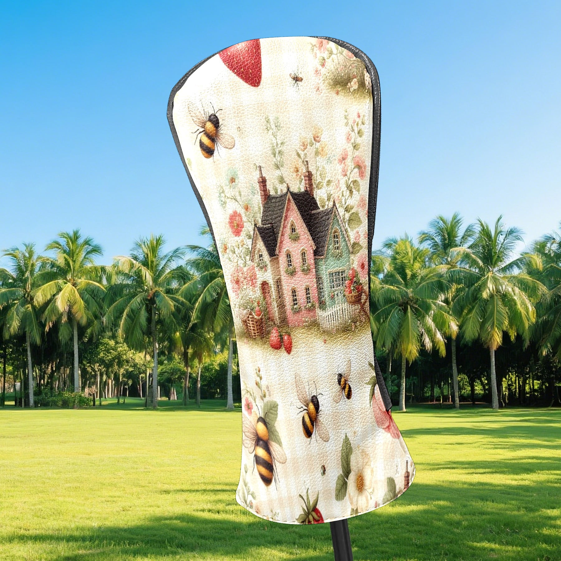 Golf Club Covers, Beige Cottage Bees Premium PU Leather Driver Hybrid Putter Head Covers with Velvet Lining, Waterproof Golf Gifts for Men Women