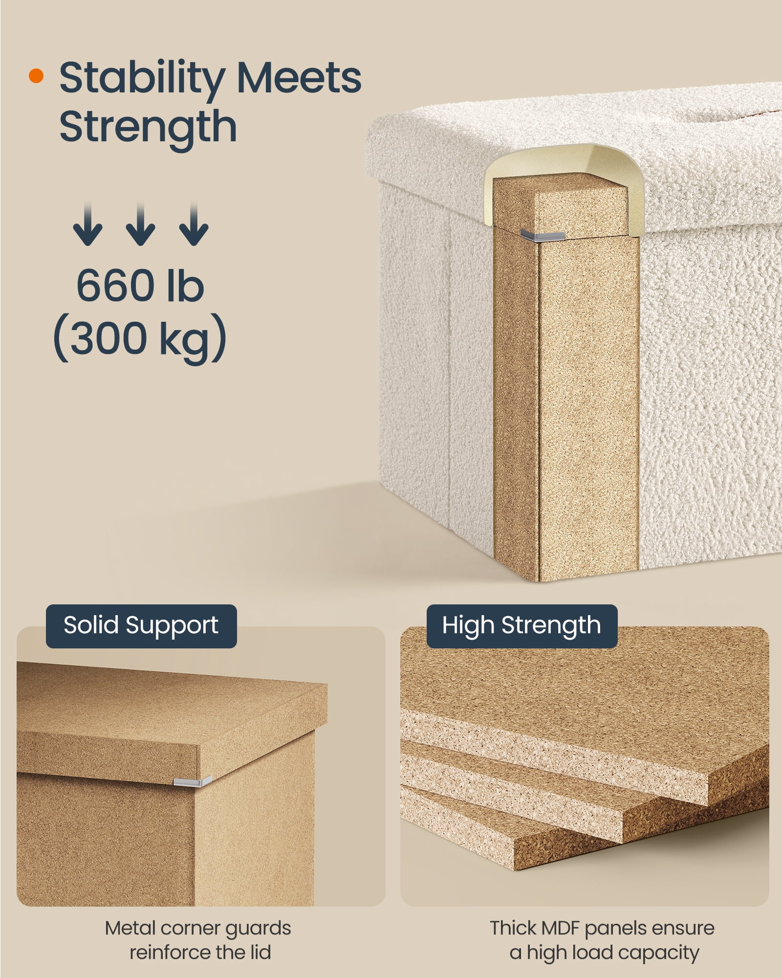SONGMICS HOME 43" Storage Ottoman Bench Folding Ottoman with Storage Load up to 660 lb for Living Room Bedroom Cream White