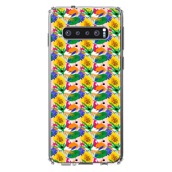 DistinctInk Clear Shockproof Hybrid Case for Samsung Galaxy S10  PLUS(6.4" Screen) - TPU Bumper, Acrylic Back, Tempered Glass Screen Protector - Summer Vibes Floral Pattern Green Yellow Blue