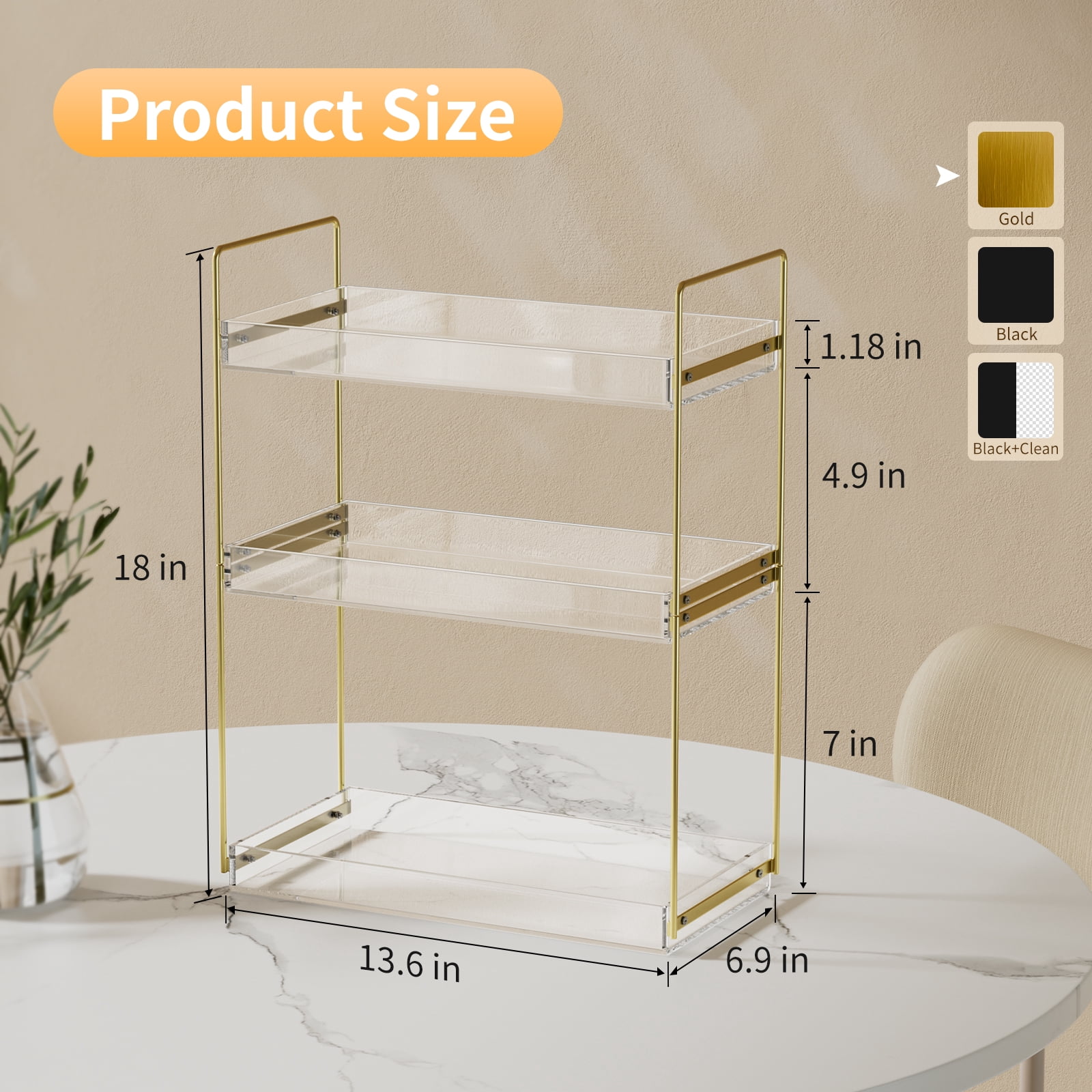 NIUBEE 3-Tier Acrylic Bathroom Organizer, Chic Easy Assembly Bathroom Sink Shelf, Large Space Storage Holder for Lotions & Makeup, Perfume, Spice, Gold