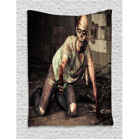 - Zombie Tapestry, Halloween Scary Dead Man in the Old Building with Bloody Head Nightmare Theme, Wall Hanging for Bedroom Living Room Dorm Decor, Grey Mint Peach, by Ambesonne