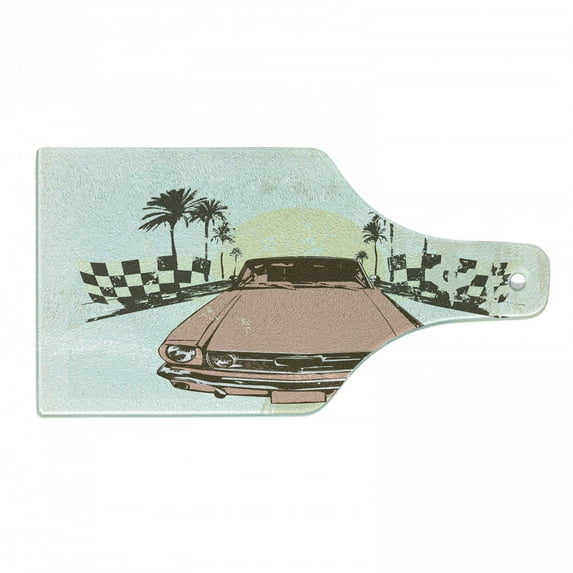 Grunge Cutting Board, Old Fashioned Car Auto Sport Checkers Palms Sun Retro Road Racing Speed, Tempered Glass Cutting and Serving Board, Wine Bottle Shape, Coral Mint Green Yellow, by Ambesonne