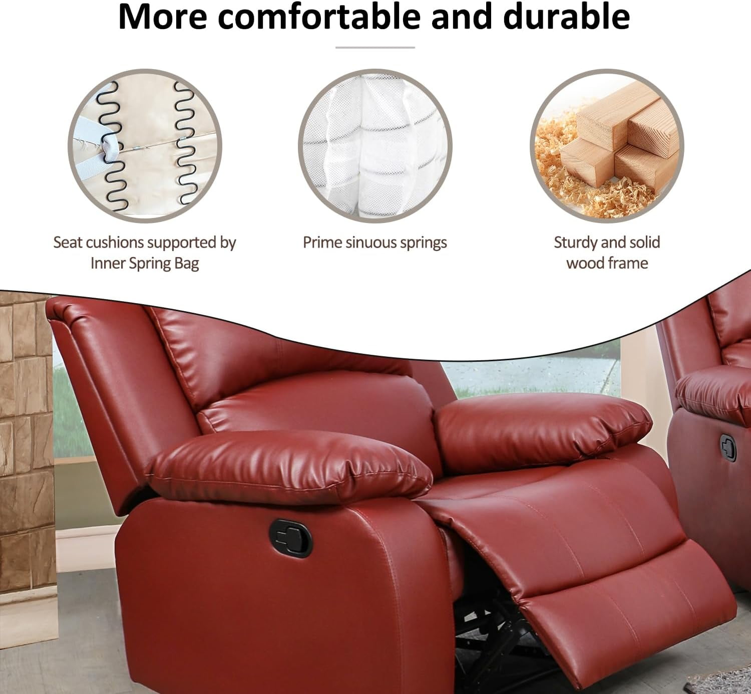 TrumanPick Manual Recliner Chair,Overstuffed Leather reclining Armchair Home Theater Recliner Sofa for Living Room,Red