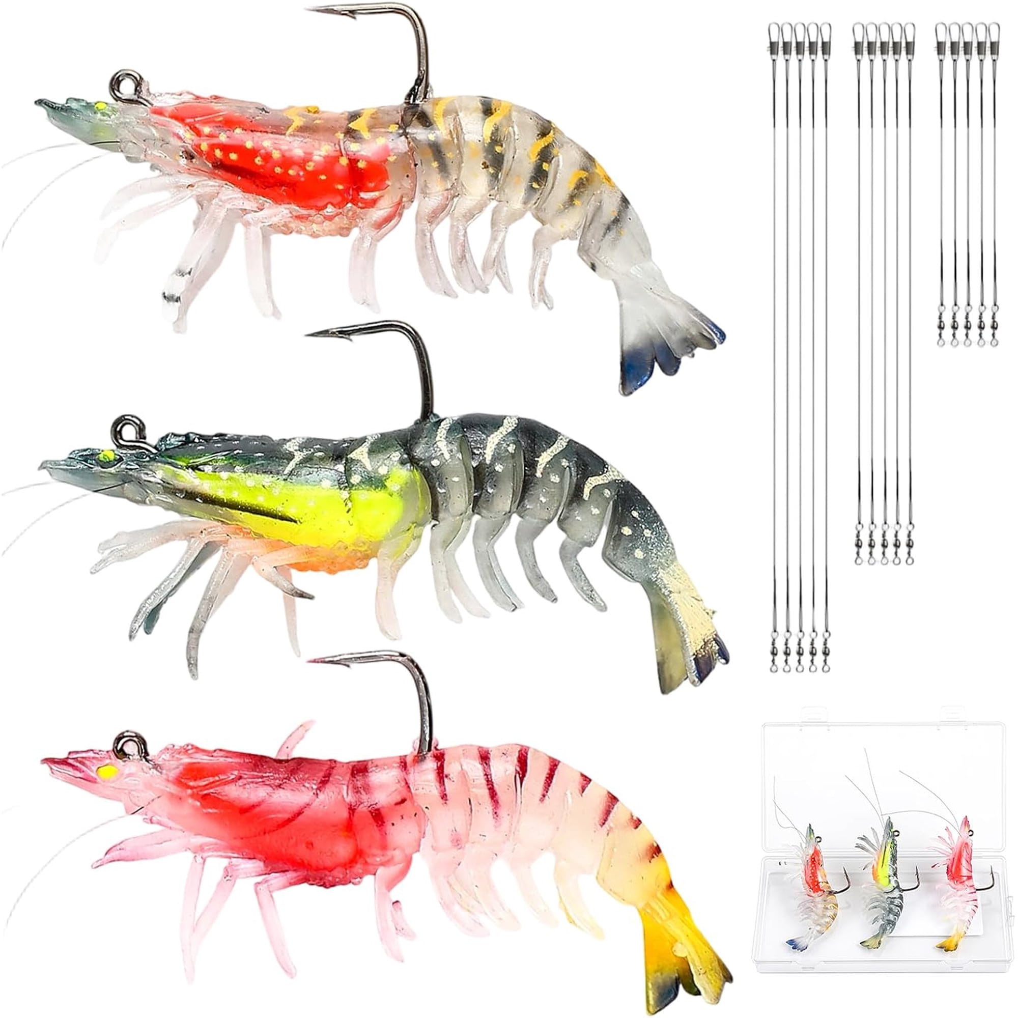 Pre-Rigged Shrimp Fishing Lures 3pcs Shrimp Baits with Leaders