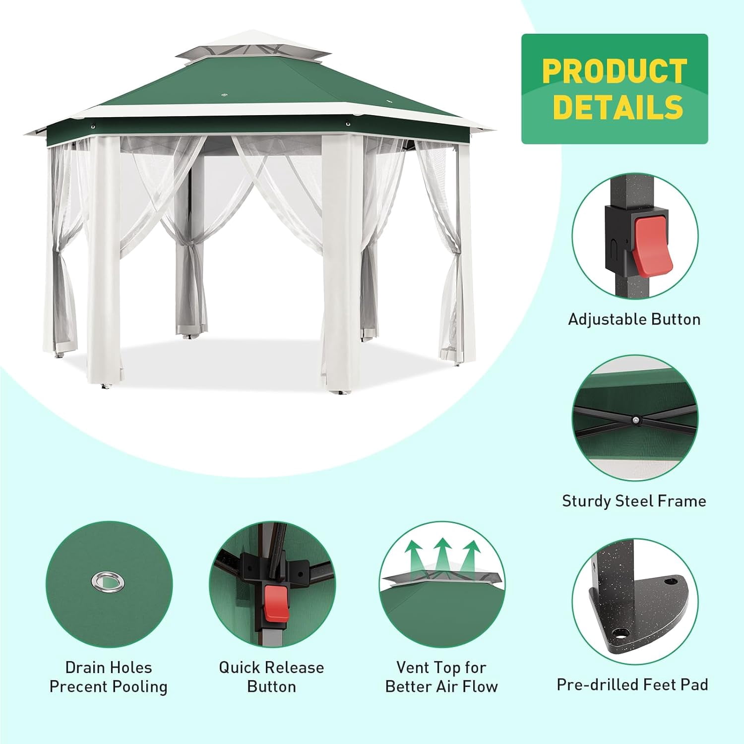 13x13 Ft Pop Up Gazebo Hexagonal Outdoor Canopy Tent with Mosquito Netting Dual Vent Roof Awning Waterproof, UV Resistant Height Adjustable for Backyard, Patio, Deck, Lawn Parties