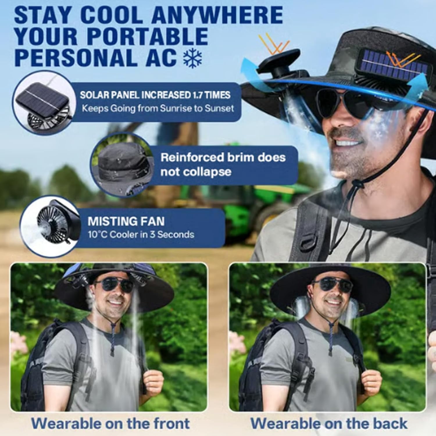 2025 Upgraded Solar Mist Fan Wide Brim Hat, Hat with Fans Solar Power, Built in USB Charging Fan for Outdoor Fishing