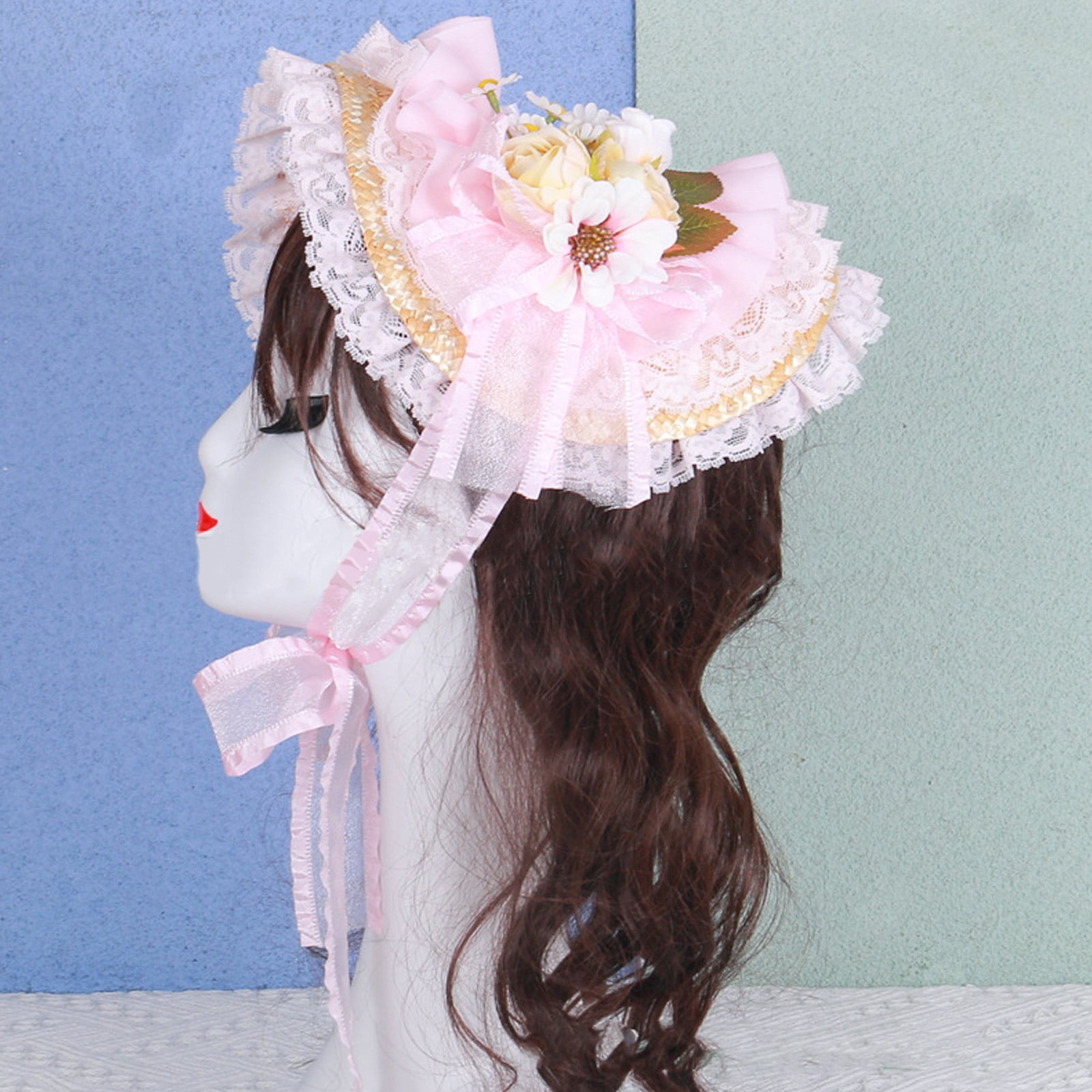 COOLHOOD Victorian Lace Designs Straw Bonnet Hat For Women With Ruffled Trim and Rose Flower For Cocktail Party And Cosplay Event