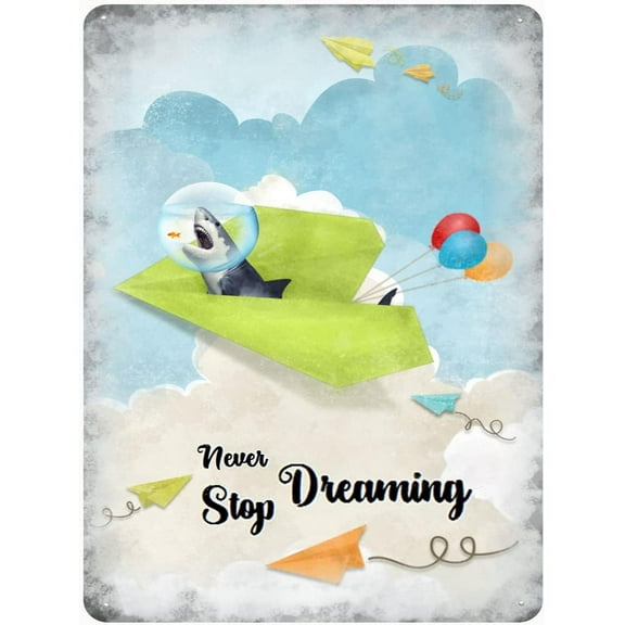Inspirational Wall Art -Never Stop Dreaming,Shark Vintage Tin Sign- Balloon Decor - Paper Airplane Motivational Poster Gifts for Kids Bedroom Bathroom Classroom Rustic Wall Sign 12x16 Inch
