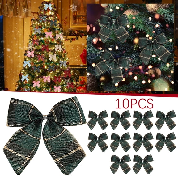 10Pcs Christmas Bows, Green Fabric Bows for Wreath Garland Tree Gift Wrapping Farmhouse Holiday Party Decoration, Clearance Style 12