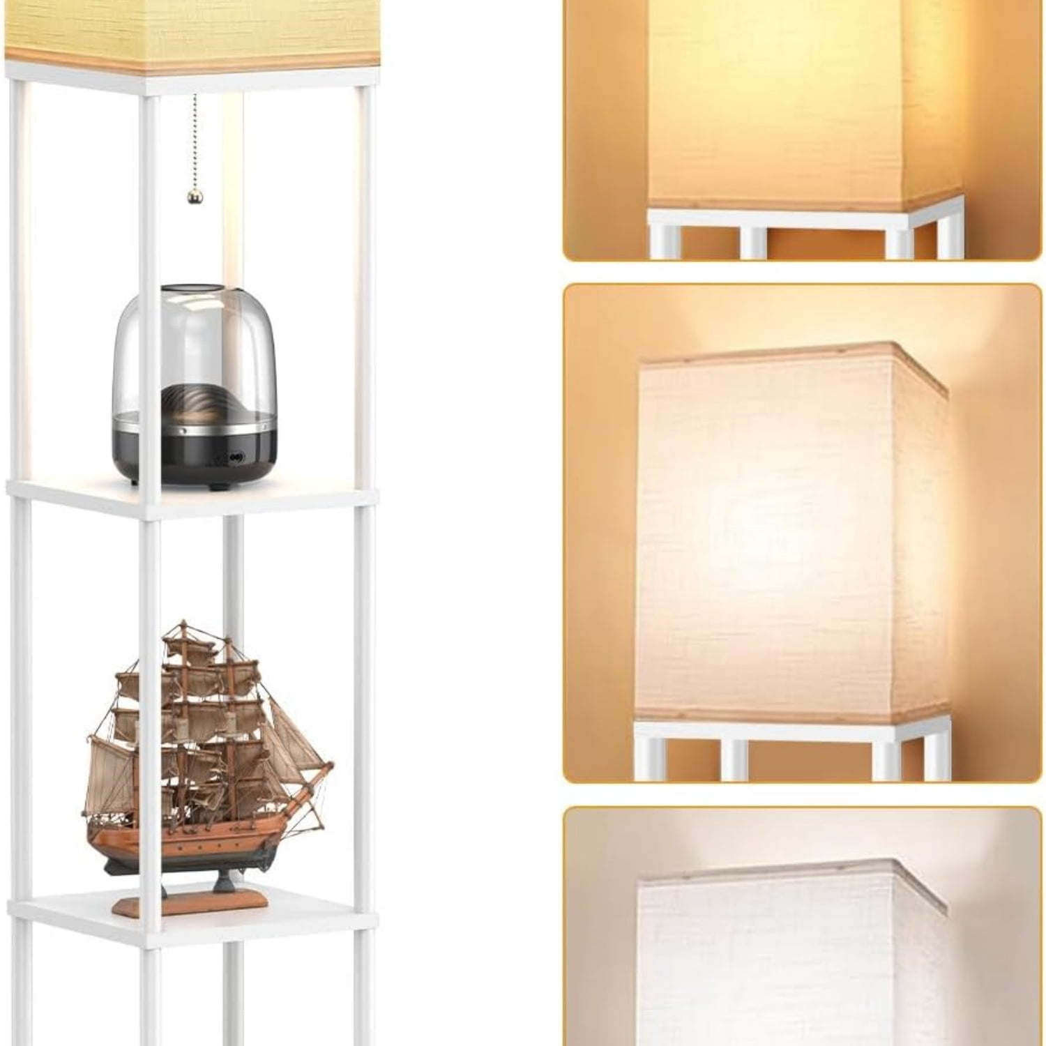 Floor Lamp with Shelves for Living Room White, Shelf Floor Lamp with 3 CCT LED Bulb, Corner Display Standing Column Lamp Etagere Organizer Tower Nightstand with White Linen Shade for Bedroom, Office