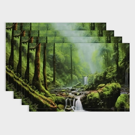 

Fenyluxe Waterfall Forest Rocks 4pcs Linen Dining Table Placemats Set for Birthday Parties Christmas Restaurants & Buffets Home Decoration 18x12in