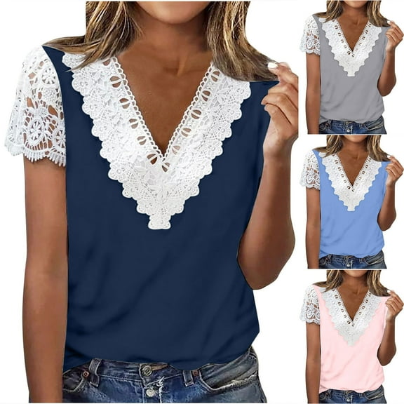 Fesfesfes Womens Short Sleeve Tops Women Fashion Summer Fold Printed Regular Women Short Sleeves V Neck Button Top Women's Short Sleeve Tops M(US:6)