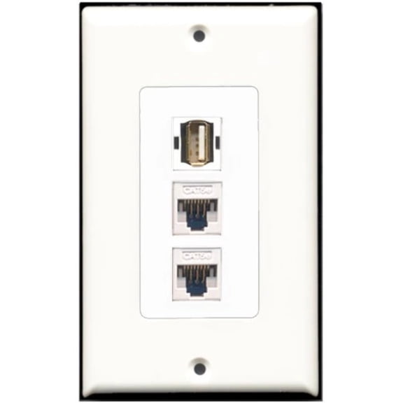 RiteAV - 1 Port USB A-A 2 Port Cat5e Ethernet White Wall Plate Decorative