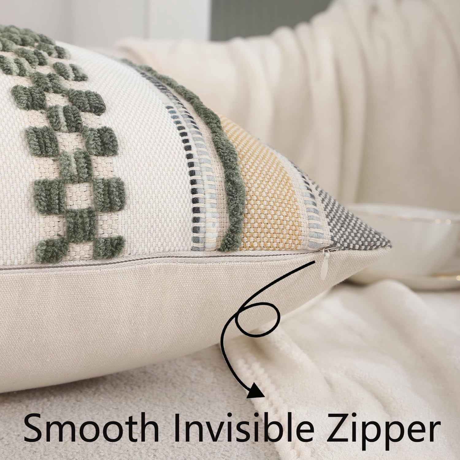 Tosleo Green Accent Pillow Covers 18x18 Set of 2 Boho Throw Pillow Covers Striped Decorative Pillow Cases Soft Chenille Pillow Cases Farmhouse Cushion Case Accent Nuetral Textured Pillow Cover