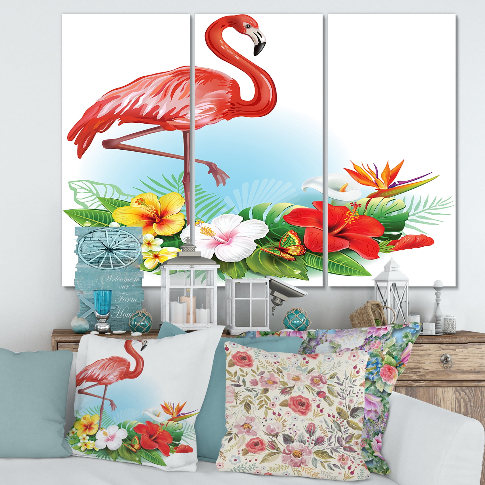 Designart ' Arrangement with Flamingo and Tropical Flowers ' Traditional Canvas Wall Art Print