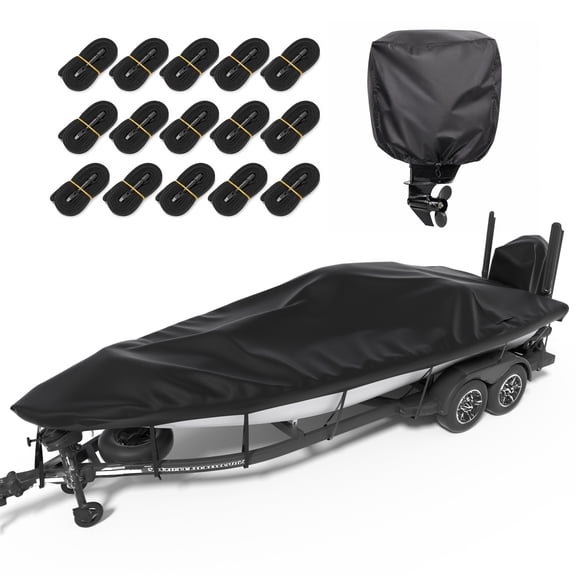 Agricasst 1200D Trailerable Boat Cover, 14-16FT Heavy Duty Waterproof Tarp Covers with Boat Motor Cover & 15 Adjustable Traps, Bass Boat Cover for V-Hull Fish Ski Pro-Style Fishing Runabout, Black