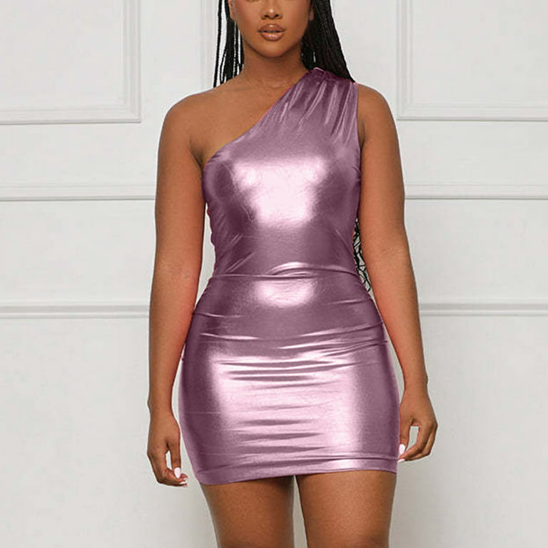 Ladies Bodycon Metallic Mini Dress Halter Corset Drawstring Ruched Backless  Party Club Short Dresses (Large, Purple One Shoulder) 
