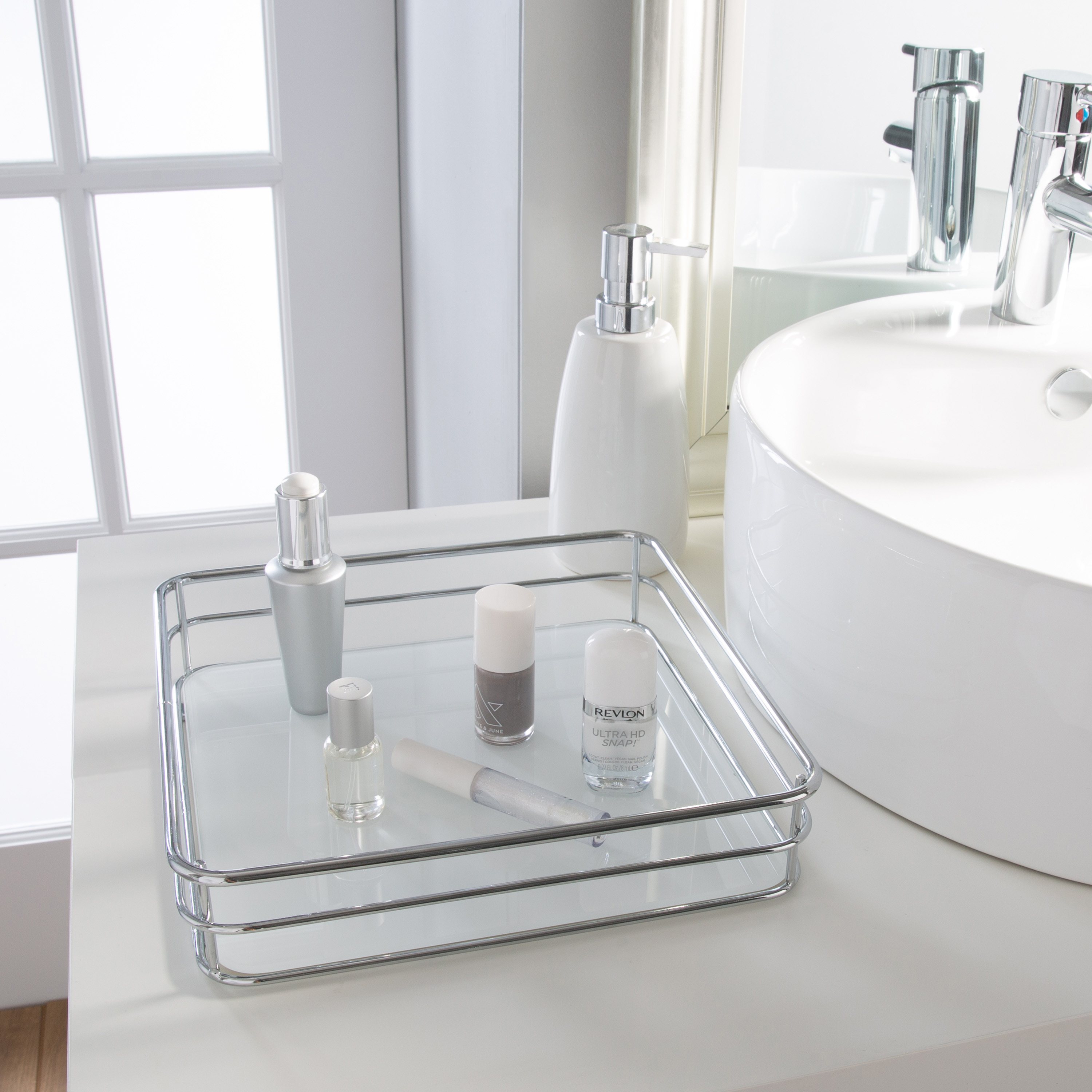 ELLE Paris Limoges Collection Steel Square Vanity Tray Makeup Organizer in Chrome