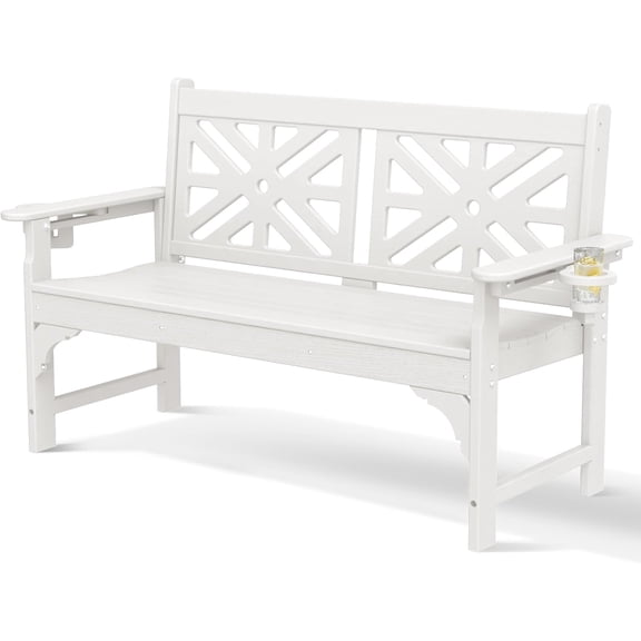 Oversized Outdoor with Cup Holders, 51.5” HDPE Aesthetic Garden for 2 Person, Memorial Benches - Easy Assembly & All Weather, for Porch & Patio, 800lbs Load Capacity (White, 1pc)