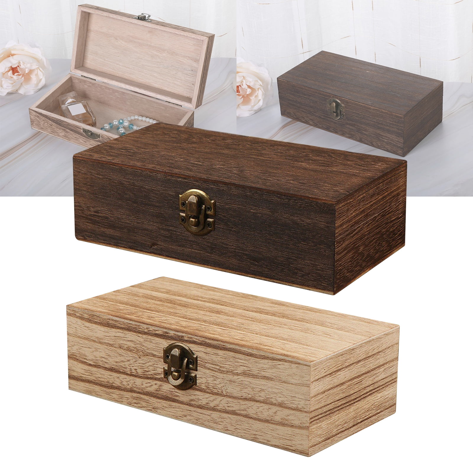 Rectangular Wooden Box With Lid Clasp & 4 Sections Compartments Trinket Memory 