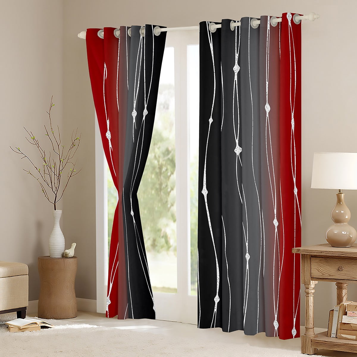 Black and Red Watercolor Curtains Wave Stripe and Dots Curtains & Drapes, Geometric Aesthetic 30%-50% Blackout Curtains Ombre Gradient Living Room Curtains, Modern Abstract Lines Window Treatments