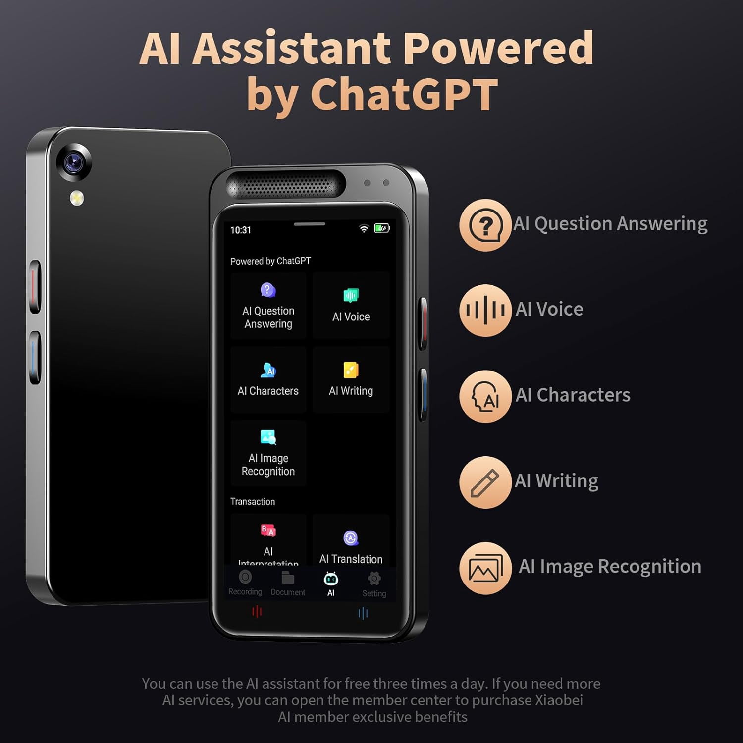 AI Voice Recorder, Digital Voice Recorder with Transcription & Summarize & Translation, 80GB Voice to Text Meeting Recorder and Transcriber, Support 143 Languages, AI Recorder Device for Lectures