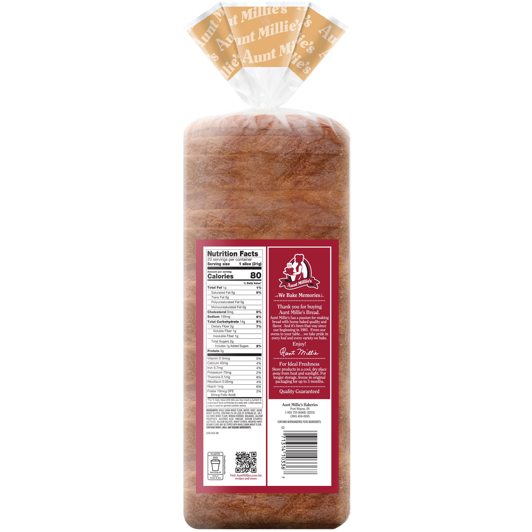 Aunt Millie's 100% Whole Wheat Bread Loaf, 22 oz