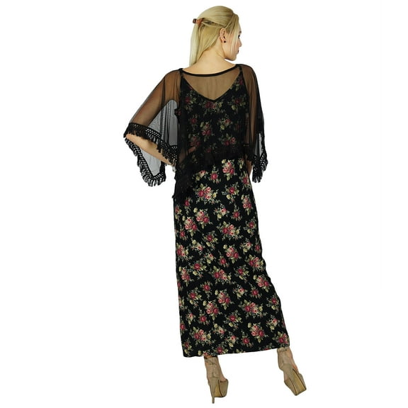 Bimba Women Long Maxi Floral Printed Side Slit Dress Comes With Chic Poncho Top