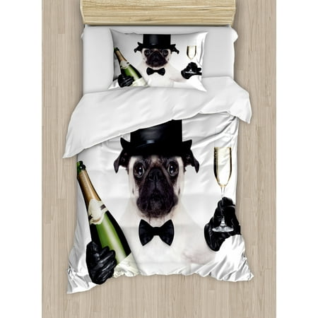 Pug Duvet Cover Set Celebration Dog With Champagne Bottle While